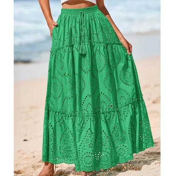 Boho Royal Blue Eyelet Stretchy waist Lined Maxi Skirt - Picture 6 of 12